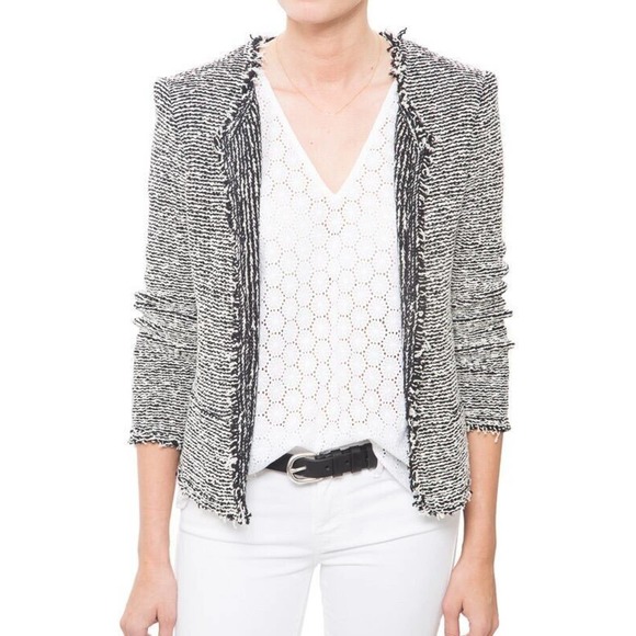 IRO Azure Tweed Boucle Open Jacket Blazer Black White Frayed Fringe Size… - Picture 2 of 8